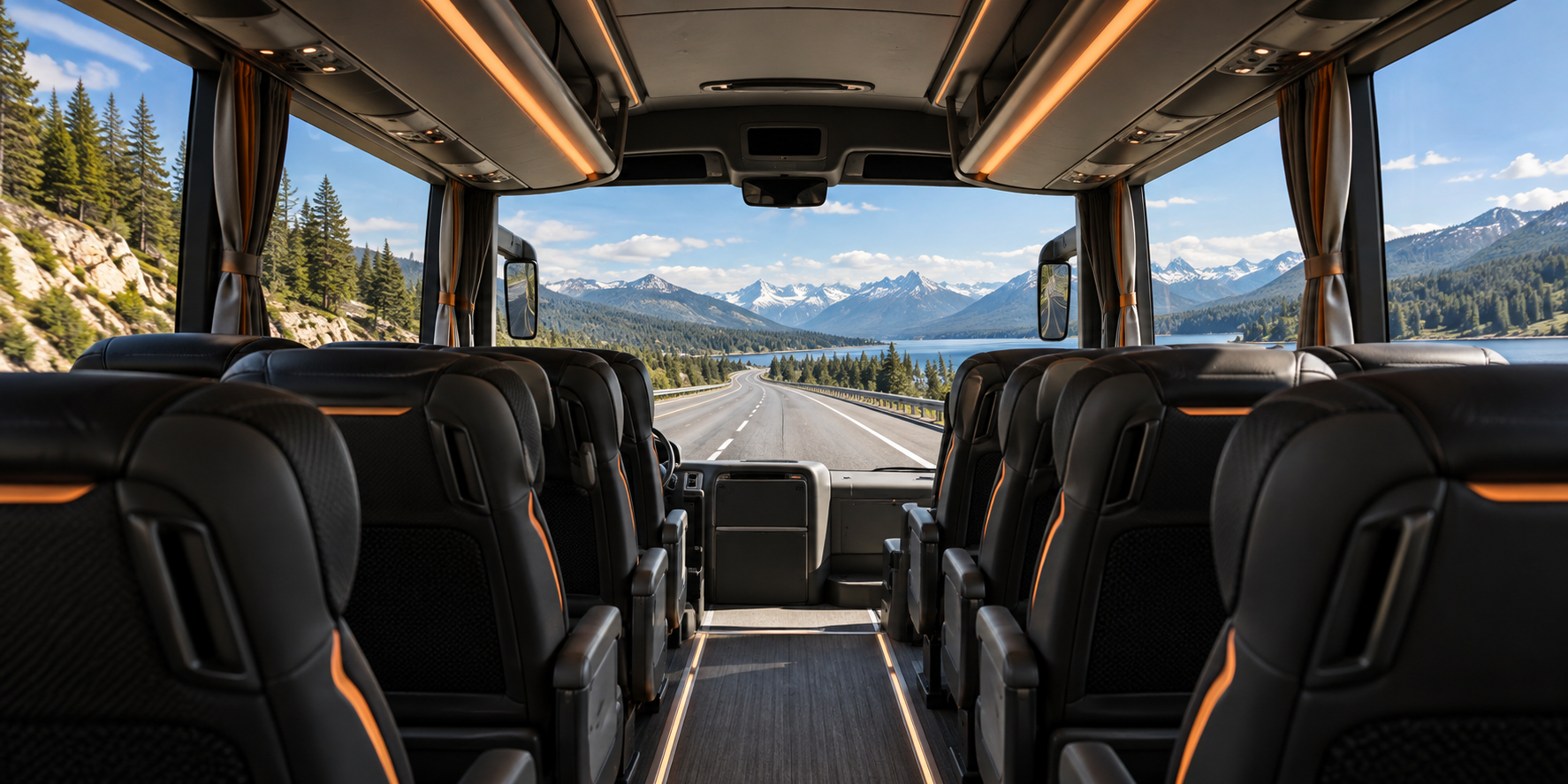 Interior confortável de um ônibus com vista para a estrada